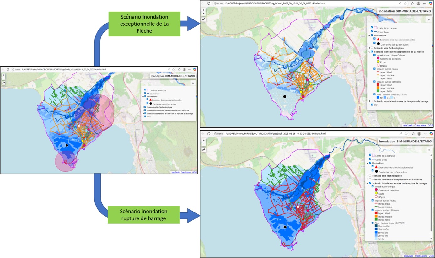 Carte interactive de la ville virtuelle SIM-MIRIADE-L’ETANG sur les scénarios d’inondation